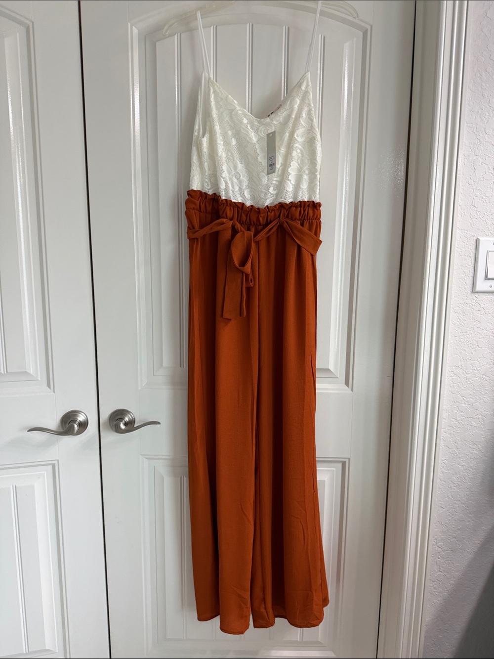 Francesca’s Cream Lace Bodice & Rust Paperbag-Waist Jumpsuit